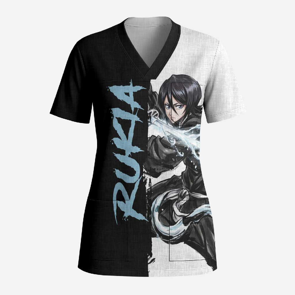 Personalized Rukia Kuchiki Scrub Top Ink Splash Anime Brush Style