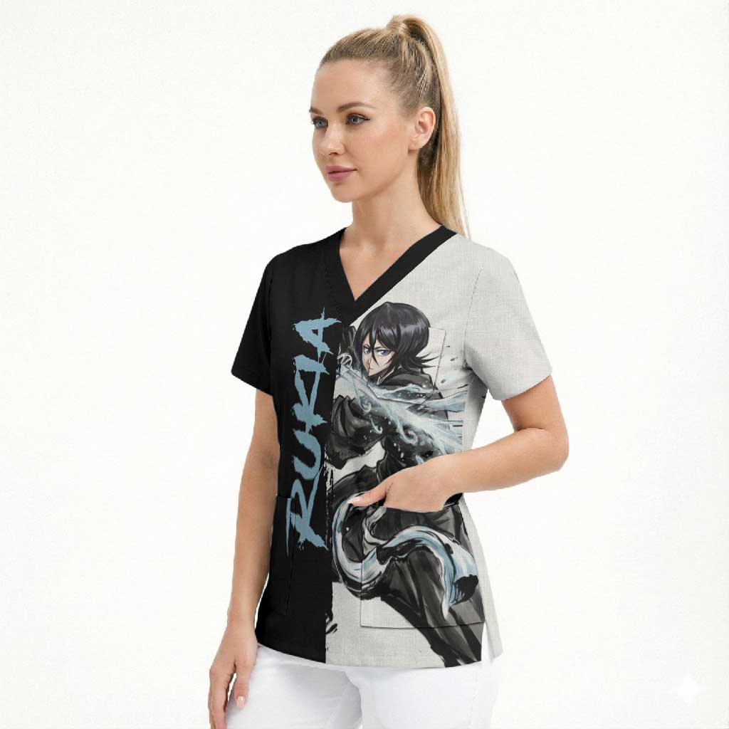 Personalized Rukia Kuchiki Scrub Top Ink Splash Anime Brush Style