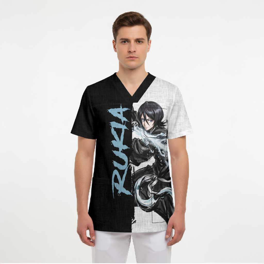 Personalized Rukia Kuchiki Scrub Top Ink Splash Anime Brush Style