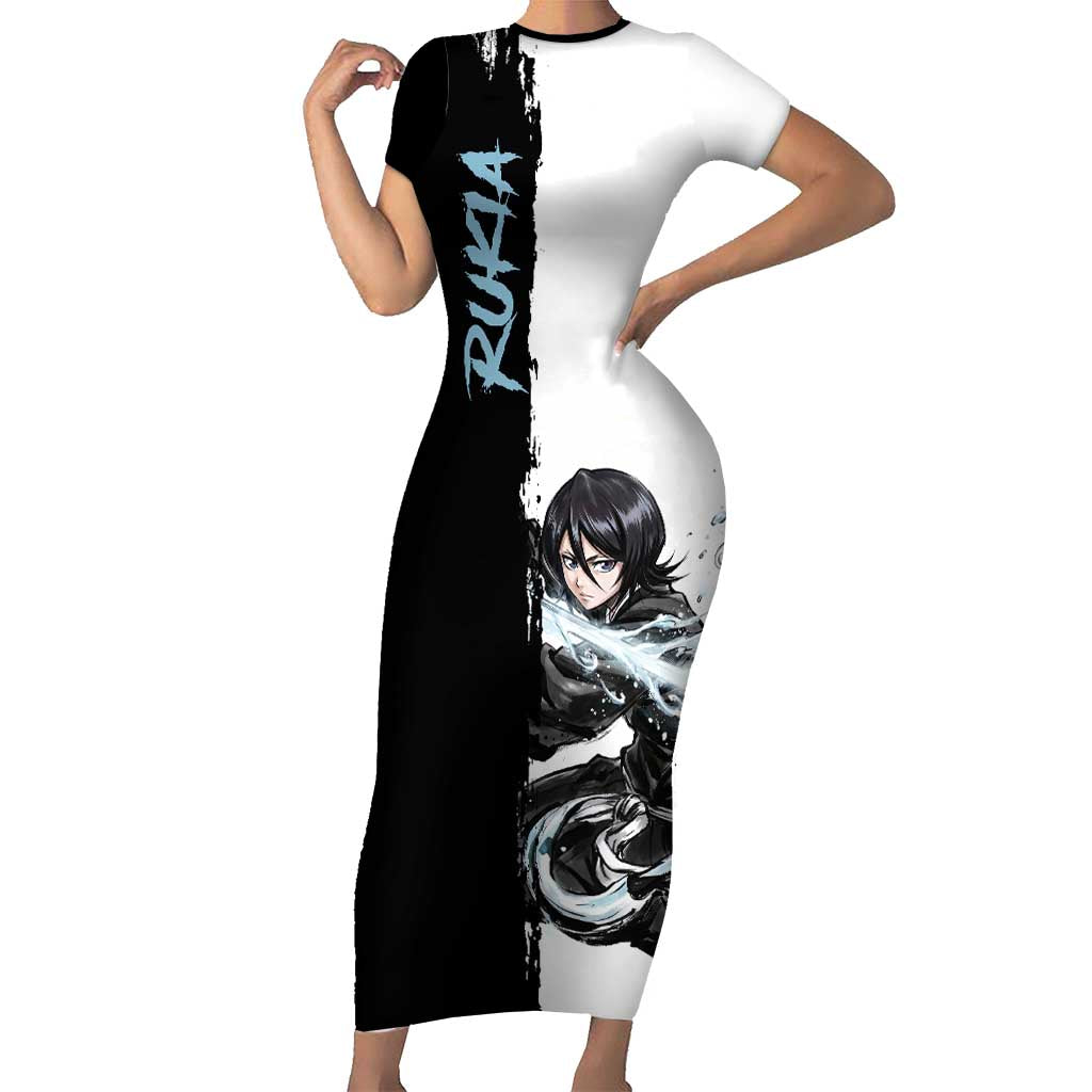 Personalized Rukia Kuchiki Short Sleeve Bodycon Dress Ink Splash Anime Brush Style