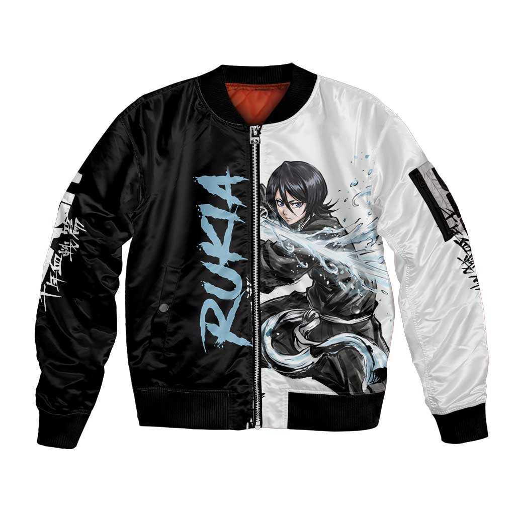 Personalized Rukia Kuchiki Sleeve Zip Bomber Jacket Ink Splash Anime Brush Style