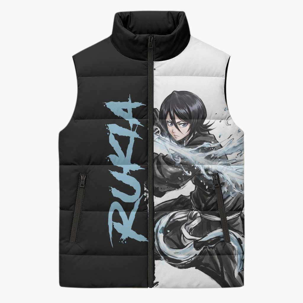 Personalized Rukia Kuchiki Sleeveless Puffer Jacket Ink Splash Anime Brush Style