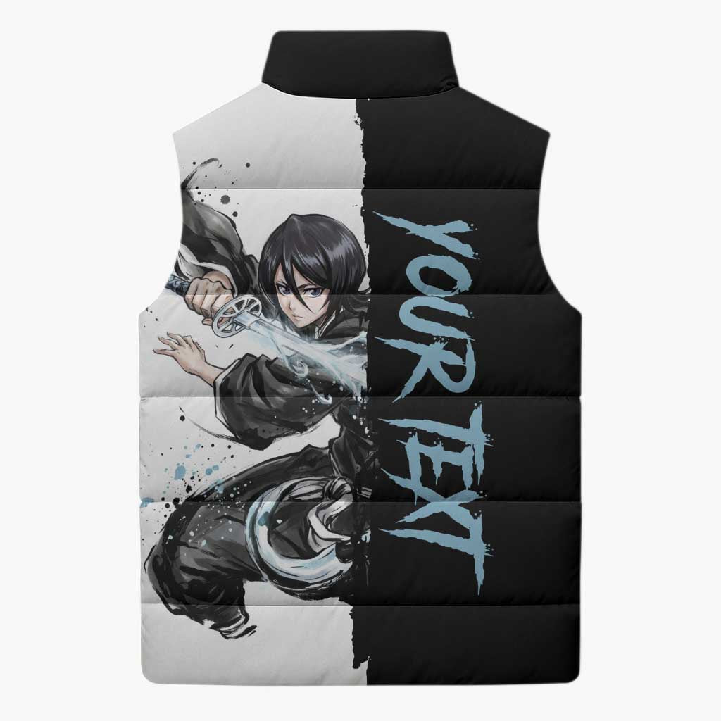 Personalized Rukia Kuchiki Sleeveless Puffer Jacket Ink Splash Anime Brush Style
