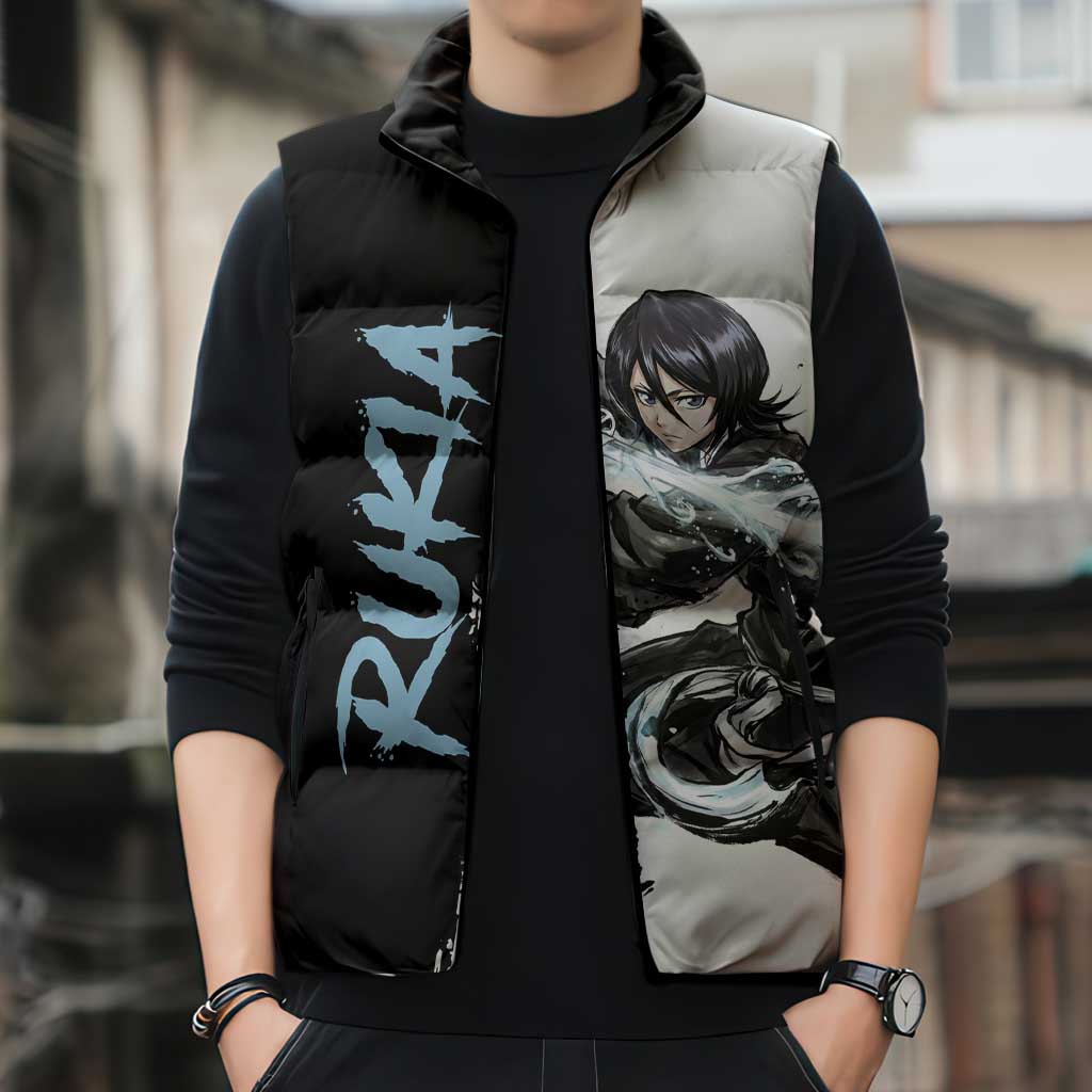Personalized Rukia Kuchiki Sleeveless Puffer Jacket Ink Splash Anime Brush Style