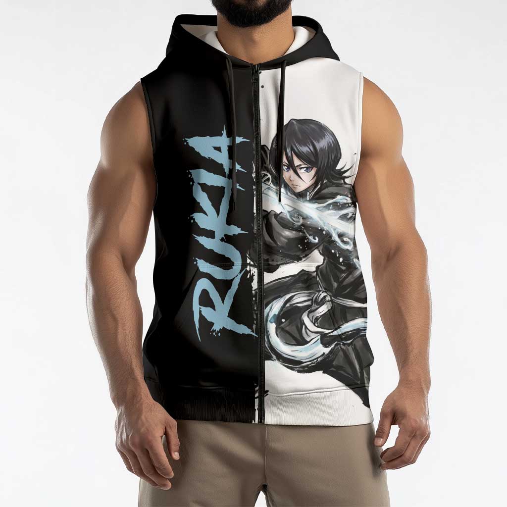 Personalized Rukia Kuchiki Sleeveless Zip Hoodie Ink Splash Anime Brush Style