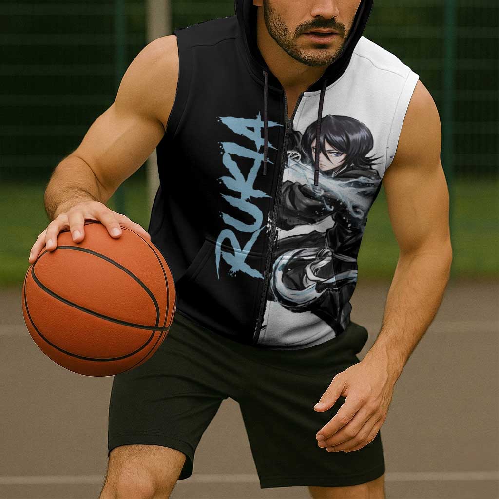 Personalized Rukia Kuchiki Sleeveless Zip Hoodie Ink Splash Anime Brush Style