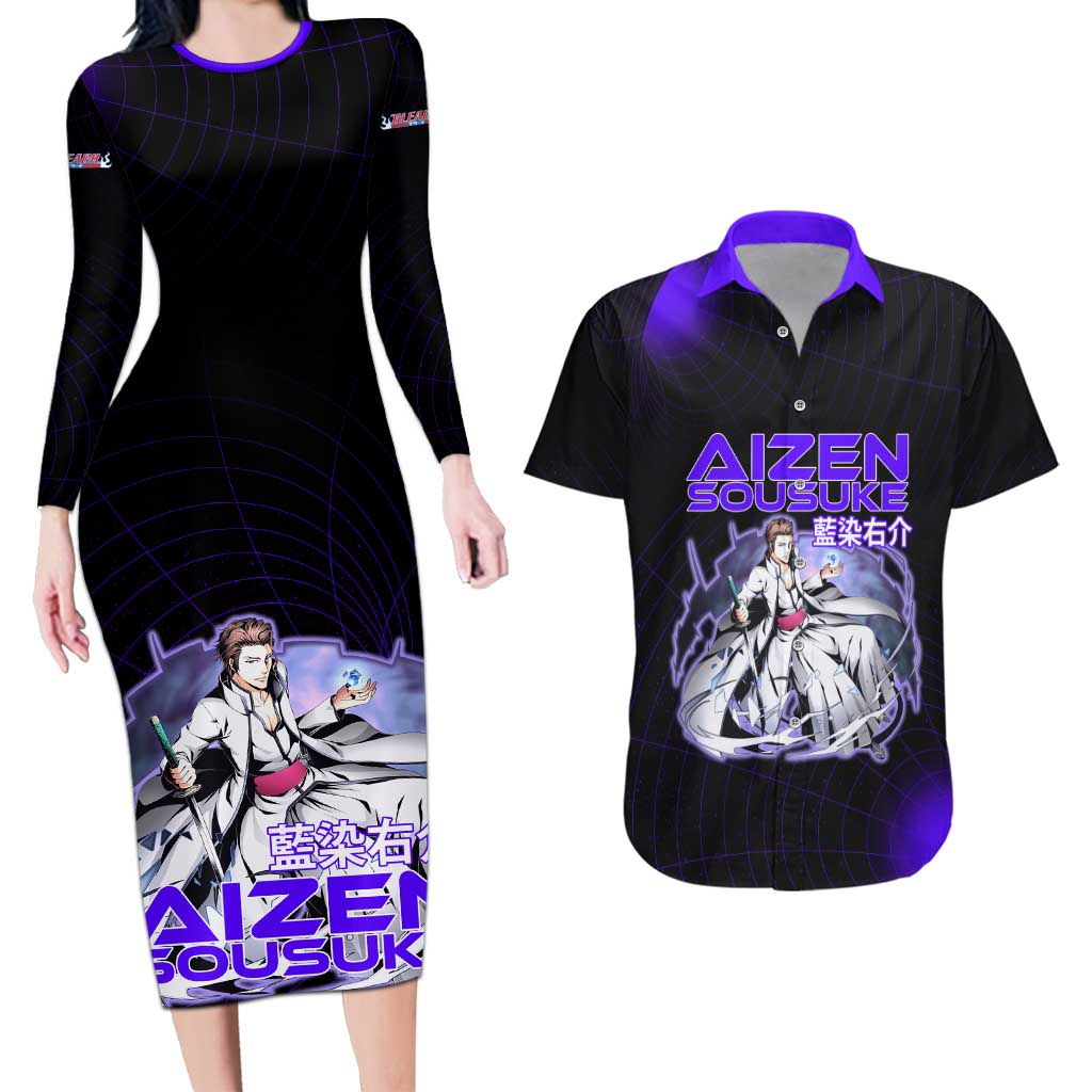 Aizen Sousuke Bleach Couples Matching Long Sleeve Bodycon Dress and Hawaiian Shirt Cosmic Anime Energy Grid Style