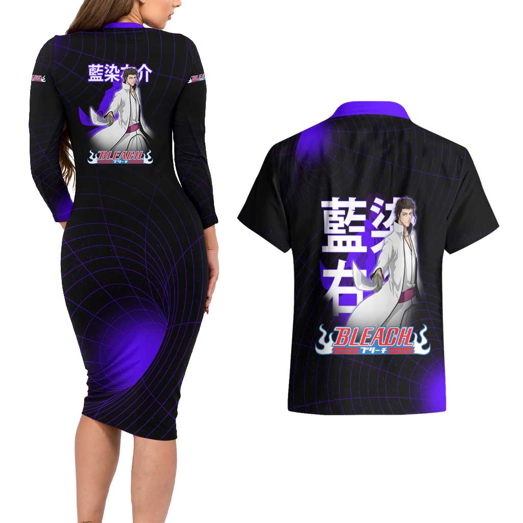 Aizen Sousuke Bleach Couples Matching Long Sleeve Bodycon Dress and Hawaiian Shirt Cosmic Anime Energy Grid Style
