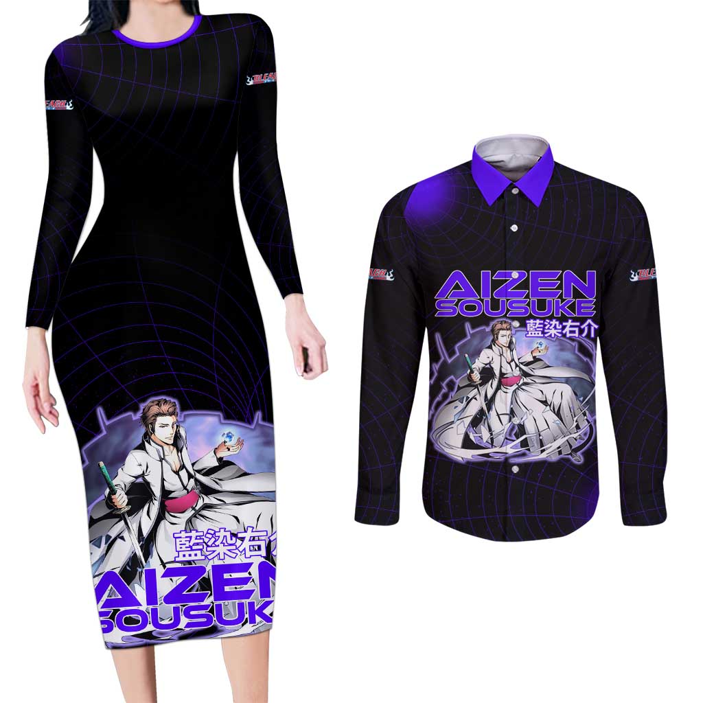 Aizen Sousuke Bleach Couples Matching Long Sleeve Bodycon Dress and Long Sleeve Button Shirt Cosmic Anime Energy Grid Style