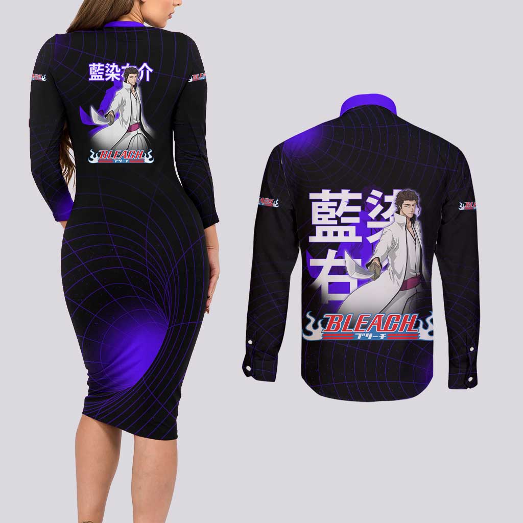 Aizen Sousuke Bleach Couples Matching Long Sleeve Bodycon Dress and Long Sleeve Button Shirt Cosmic Anime Energy Grid Style