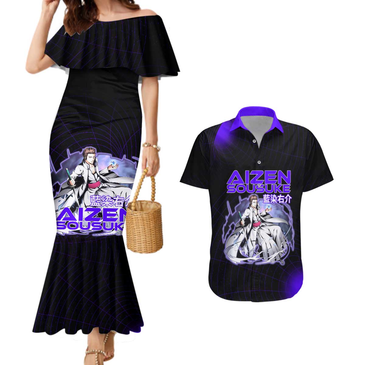 Aizen Sousuke Bleach Couples Matching Mermaid Dress and Hawaiian Shirt Cosmic Anime Energy Grid Style