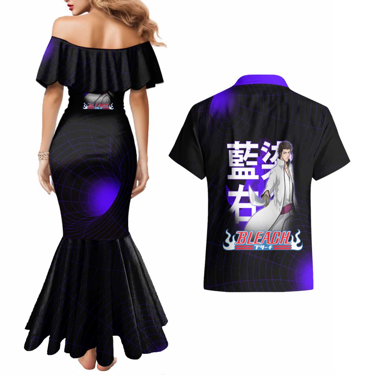 Aizen Sousuke Bleach Couples Matching Mermaid Dress and Hawaiian Shirt Cosmic Anime Energy Grid Style