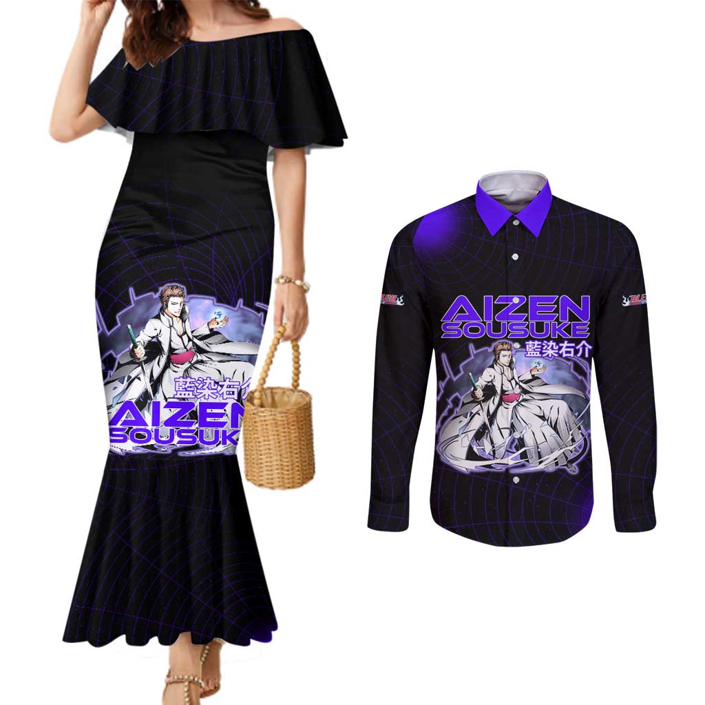Aizen Sousuke Bleach Couples Matching Mermaid Dress and Long Sleeve Button Shirt Cosmic Anime Energy Grid Style