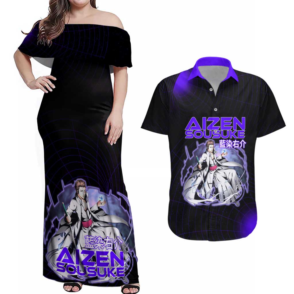 Aizen Sousuke Bleach Couples Matching Off Shoulder Maxi Dress and Hawaiian Shirt Cosmic Anime Energy Grid Style