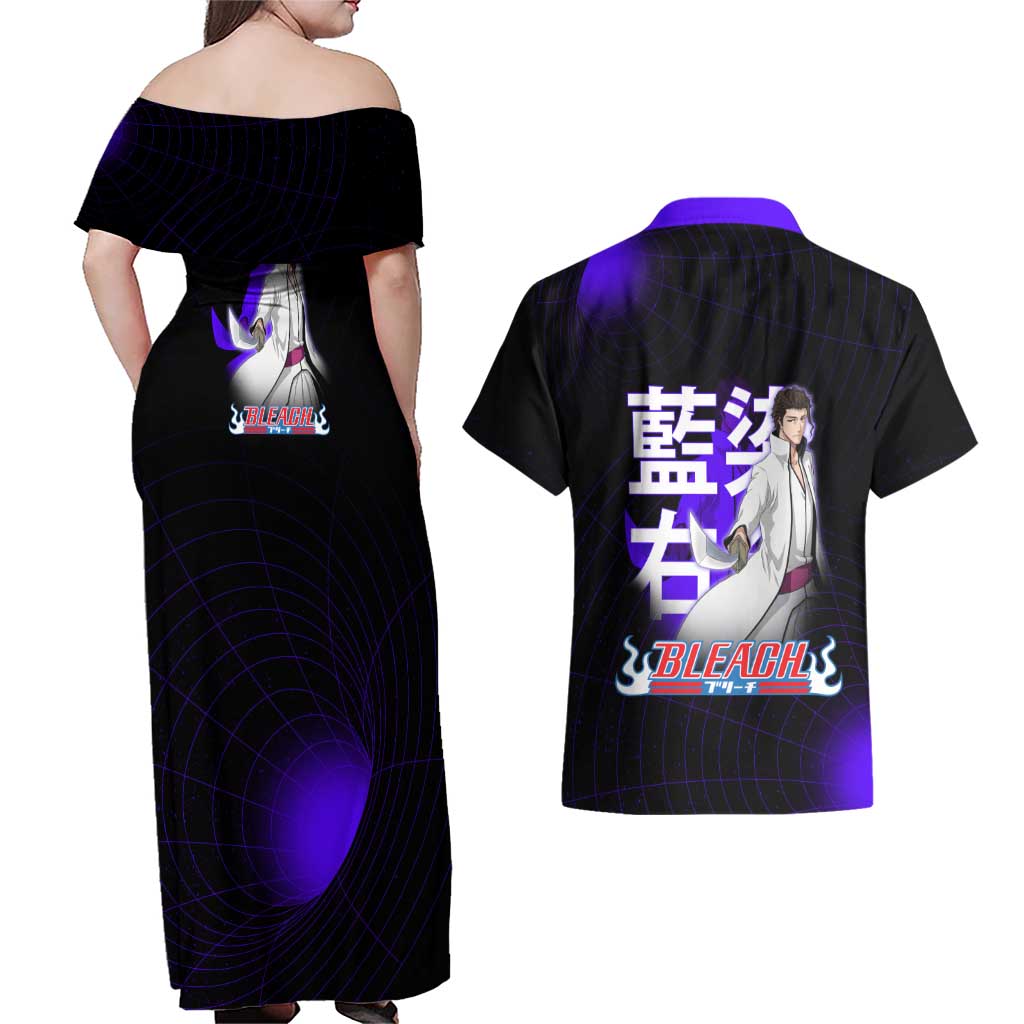 Aizen Sousuke Bleach Couples Matching Off Shoulder Maxi Dress and Hawaiian Shirt Cosmic Anime Energy Grid Style