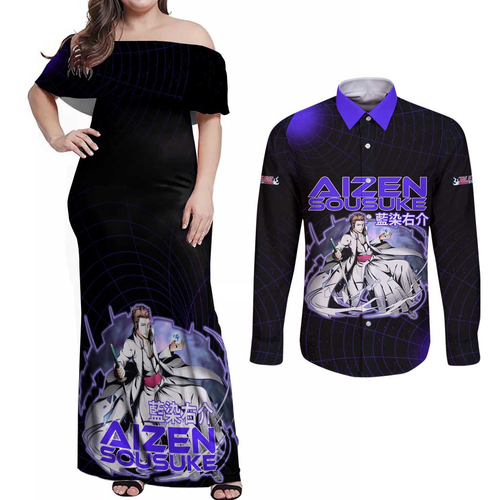Aizen Sousuke Bleach Couples Matching Off Shoulder Maxi Dress and Long Sleeve Button Shirt Cosmic Anime Energy Grid Style