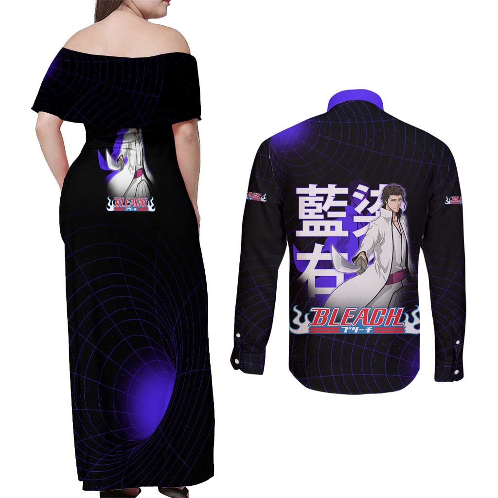 Aizen Sousuke Bleach Couples Matching Off Shoulder Maxi Dress and Long Sleeve Button Shirt Cosmic Anime Energy Grid Style