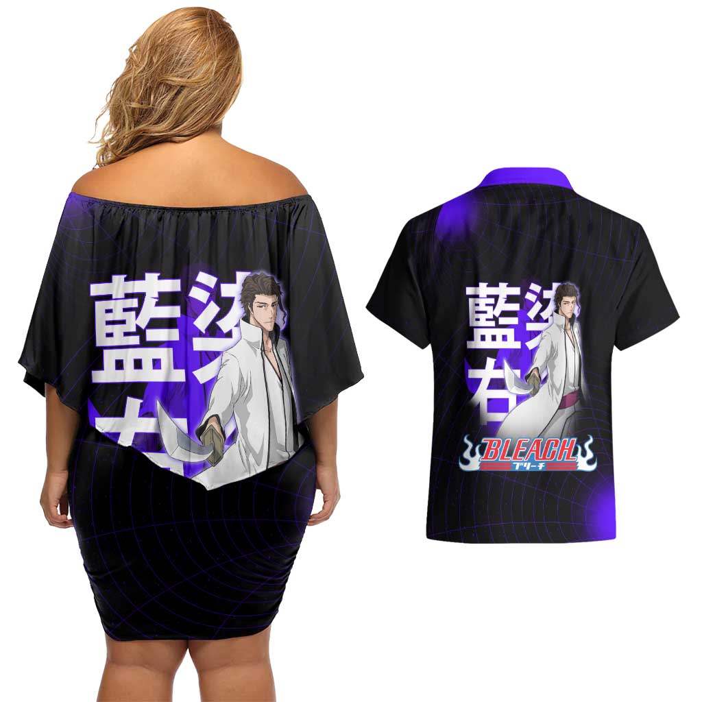 Aizen Sousuke Bleach Couples Matching Off Shoulder Short Dress and Hawaiian Shirt Cosmic Anime Energy Grid Style