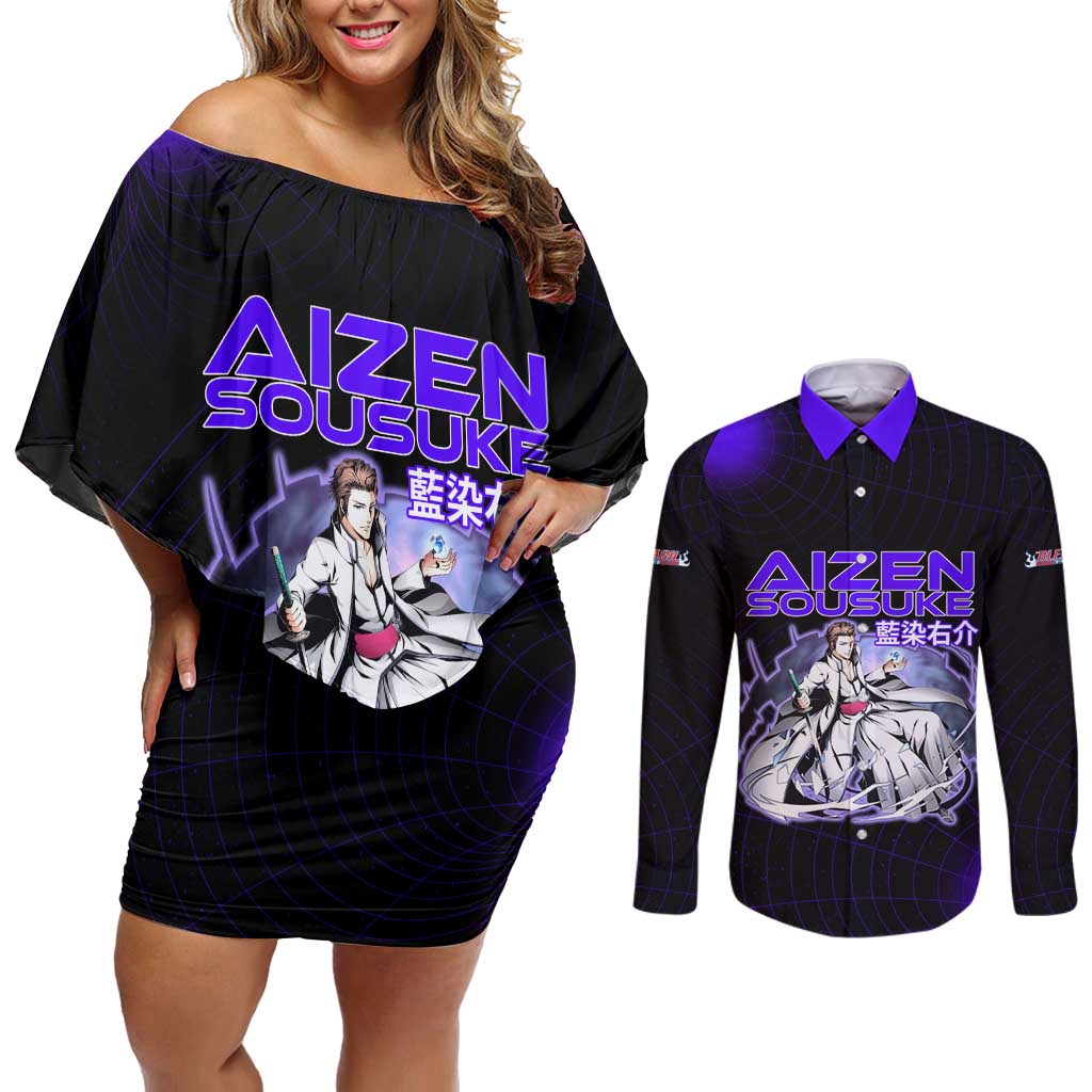 Aizen Sousuke Bleach Couples Matching Off Shoulder Short Dress and Long Sleeve Button Shirt Cosmic Anime Energy Grid Style