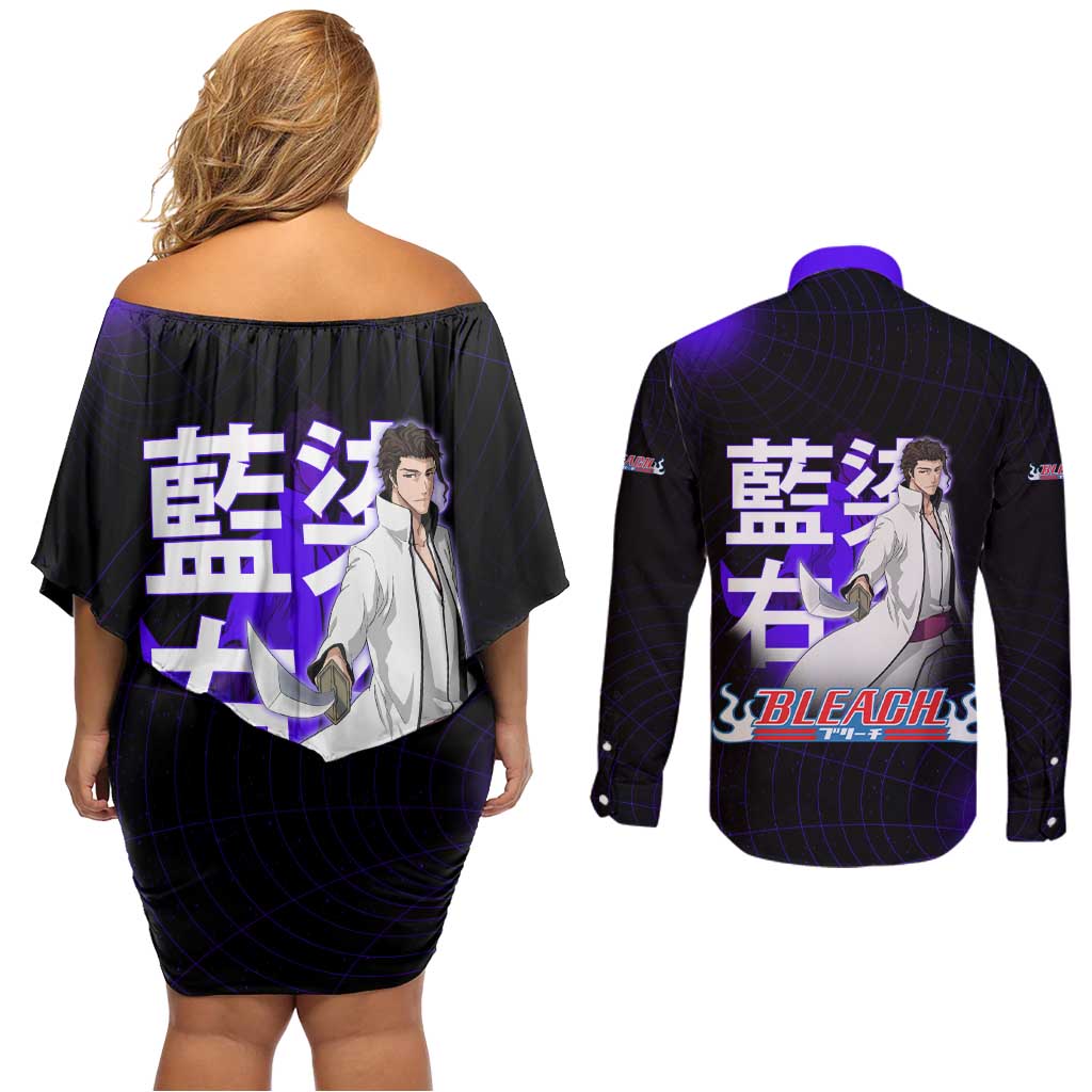 Aizen Sousuke Bleach Couples Matching Off Shoulder Short Dress and Long Sleeve Button Shirt Cosmic Anime Energy Grid Style