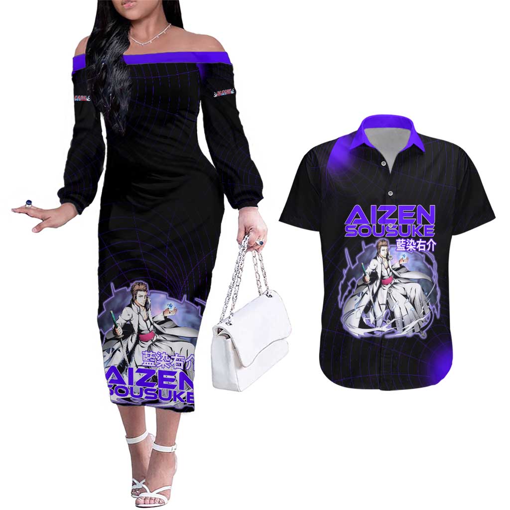 Aizen Sousuke Bleach Couples Matching Off The Shoulder Long Sleeve Dress and Hawaiian Shirt Cosmic Anime Energy Grid Style