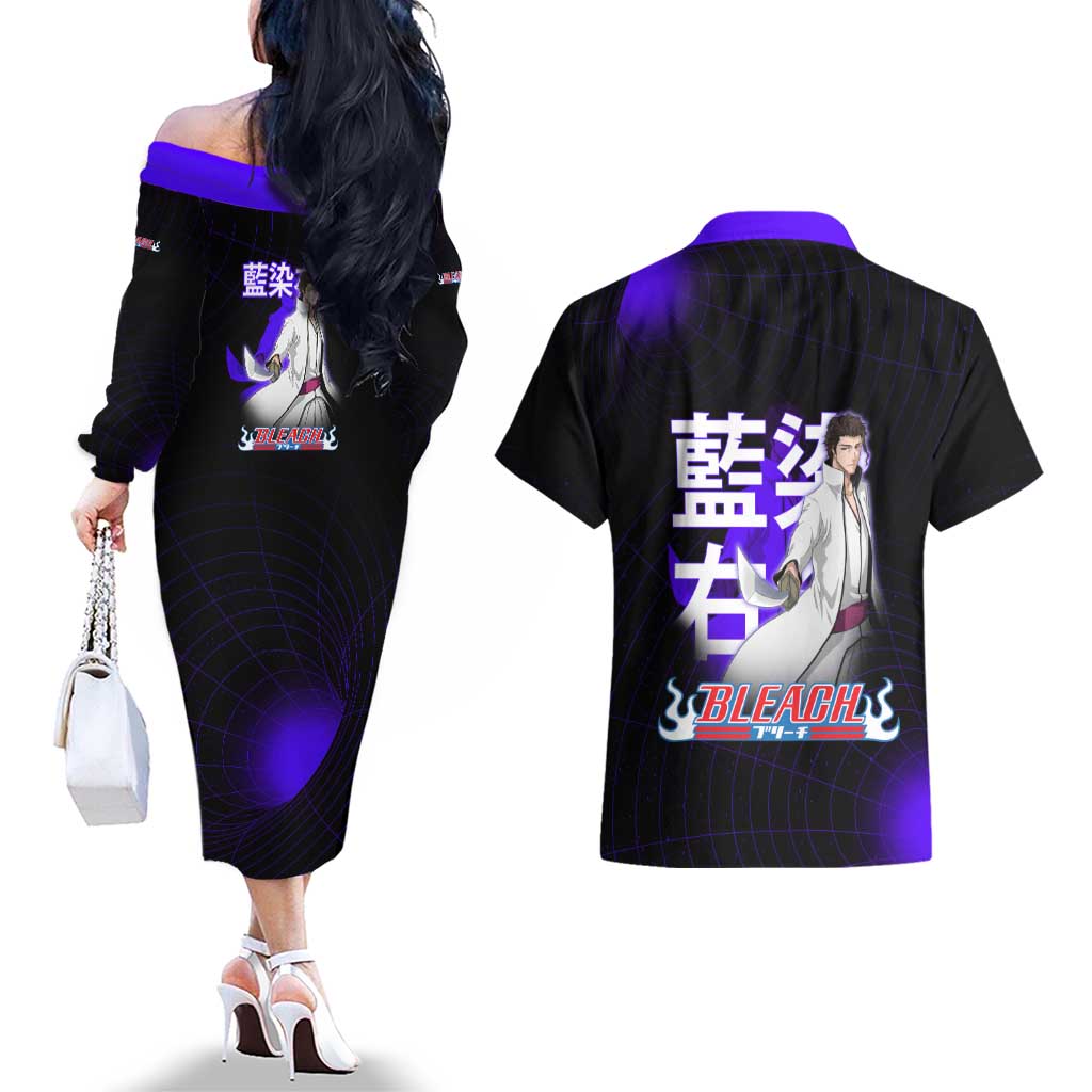 Aizen Sousuke Bleach Couples Matching Off The Shoulder Long Sleeve Dress and Hawaiian Shirt Cosmic Anime Energy Grid Style