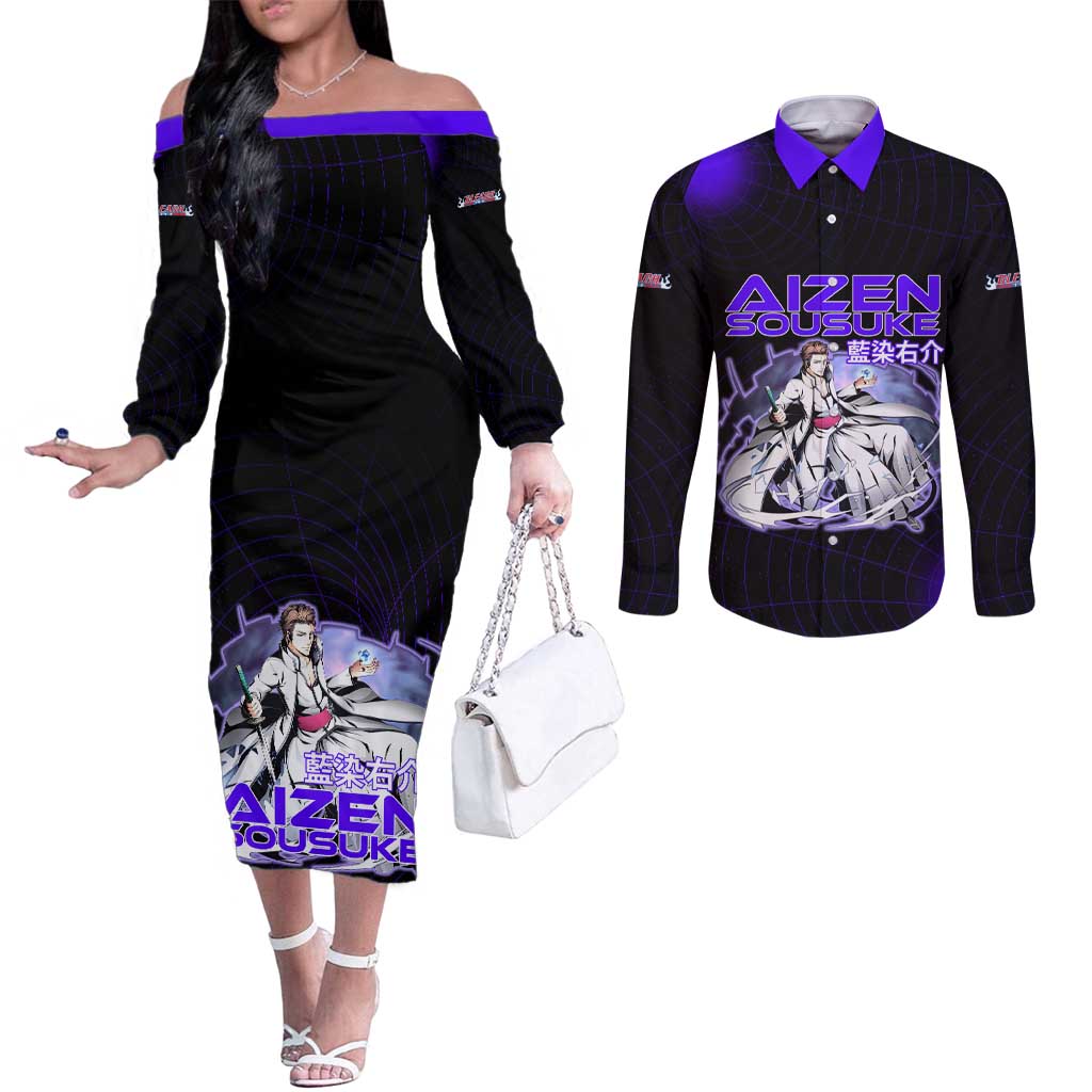 Aizen Sousuke Bleach Couples Matching Off The Shoulder Long Sleeve Dress and Long Sleeve Button Shirt Cosmic Anime Energy Grid Style