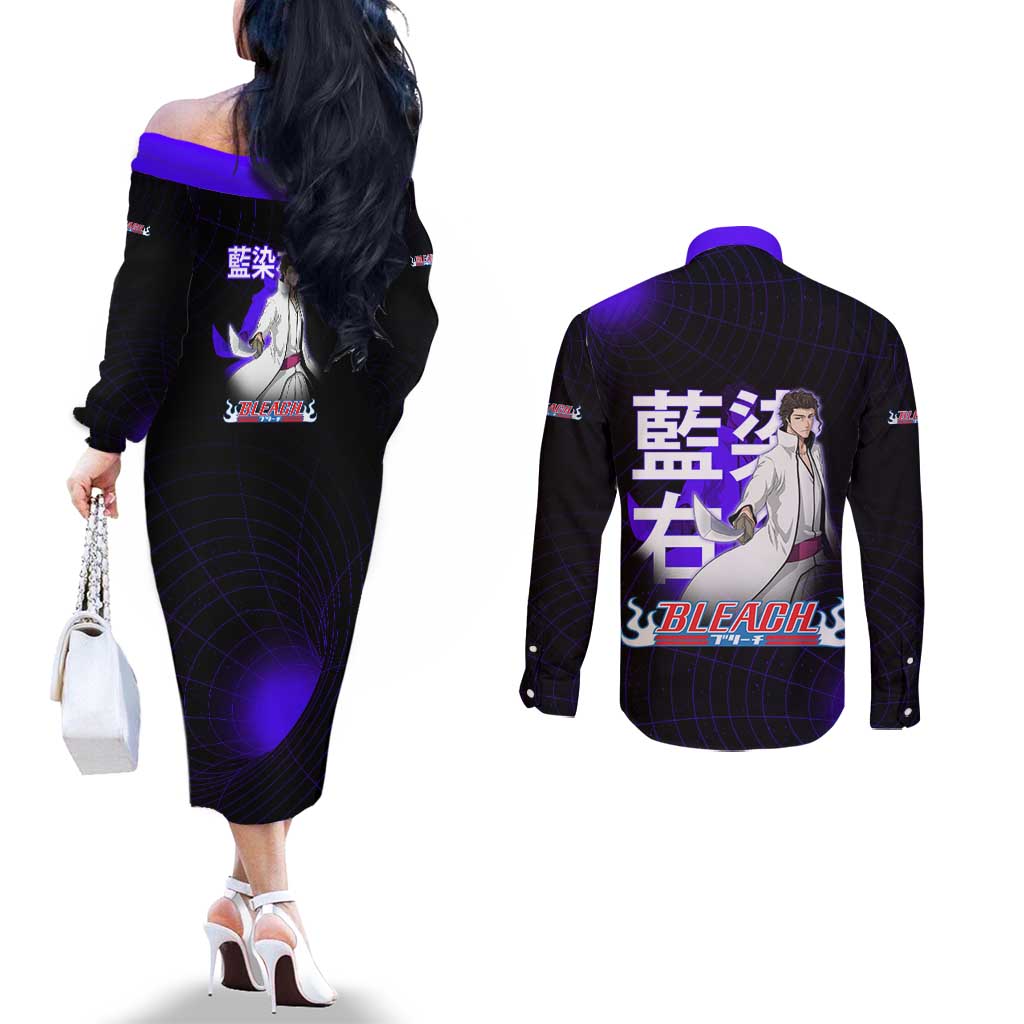 Aizen Sousuke Bleach Couples Matching Off The Shoulder Long Sleeve Dress and Long Sleeve Button Shirt Cosmic Anime Energy Grid Style