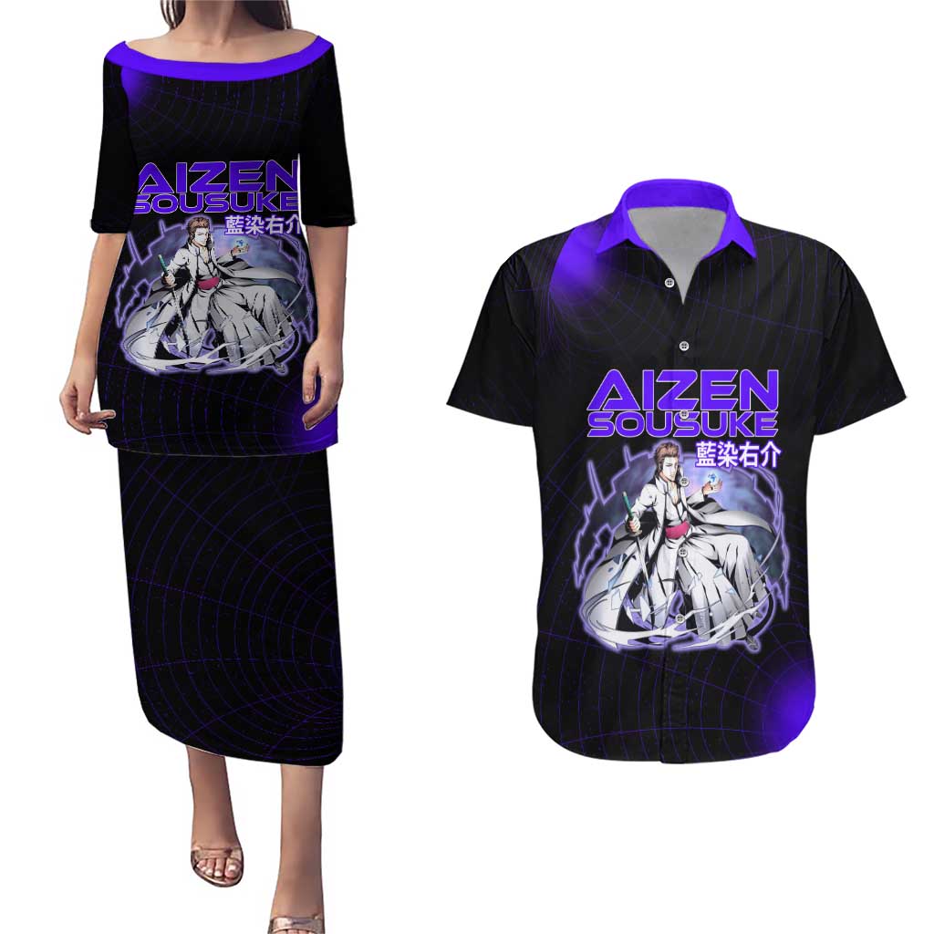 Aizen Sousuke Bleach Couples Matching Puletasi and Hawaiian Shirt Cosmic Anime Energy Grid Style