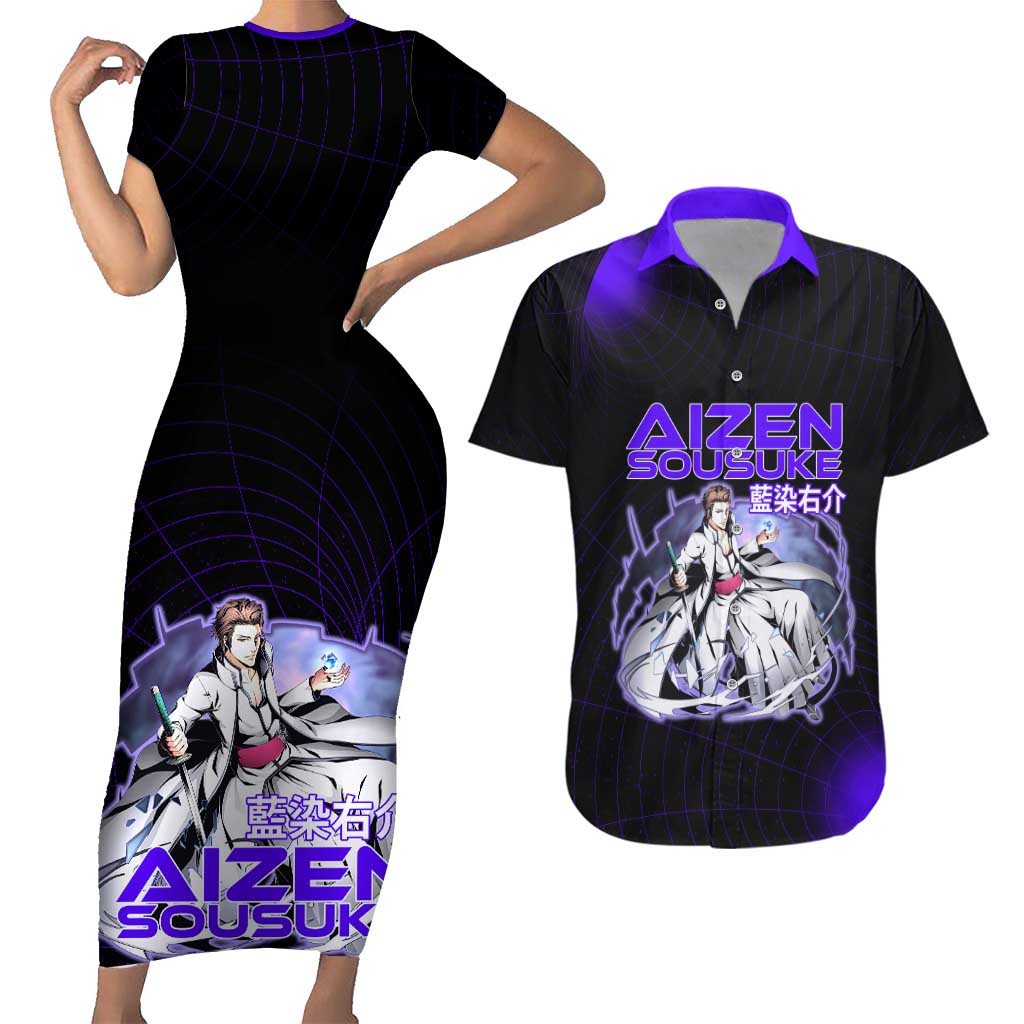 Aizen Sousuke Bleach Couples Matching Short Sleeve Bodycon Dress and Hawaiian Shirt Cosmic Anime Energy Grid Style