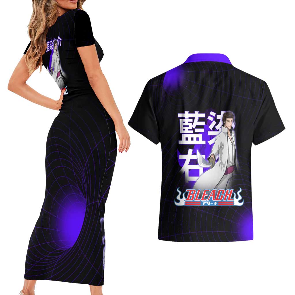 Aizen Sousuke Bleach Couples Matching Short Sleeve Bodycon Dress and Hawaiian Shirt Cosmic Anime Energy Grid Style