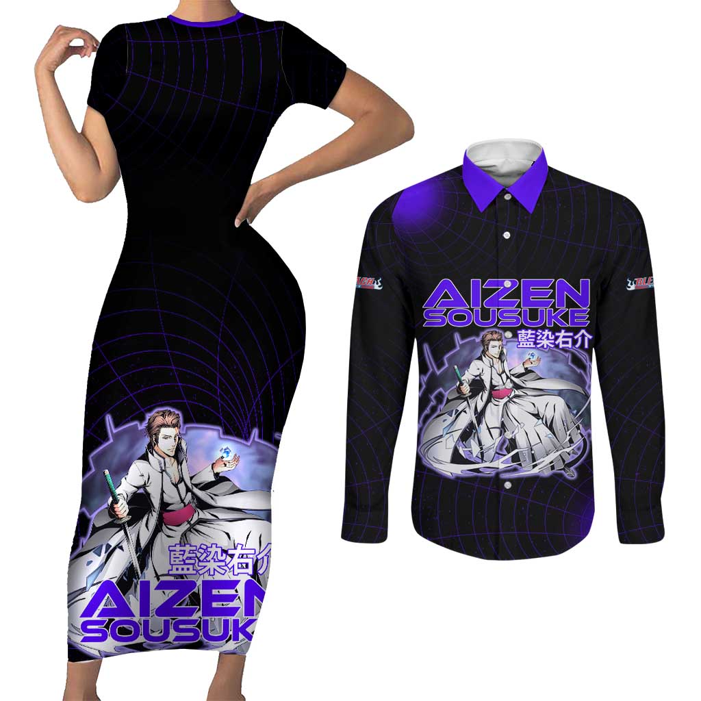 Aizen Sousuke Bleach Couples Matching Short Sleeve Bodycon Dress and Long Sleeve Button Shirt Cosmic Anime Energy Grid Style