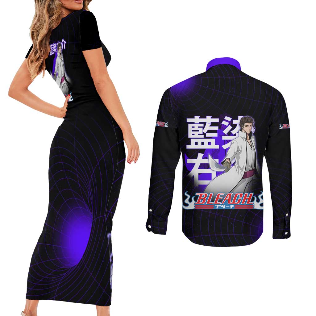 Aizen Sousuke Bleach Couples Matching Short Sleeve Bodycon Dress and Long Sleeve Button Shirt Cosmic Anime Energy Grid Style