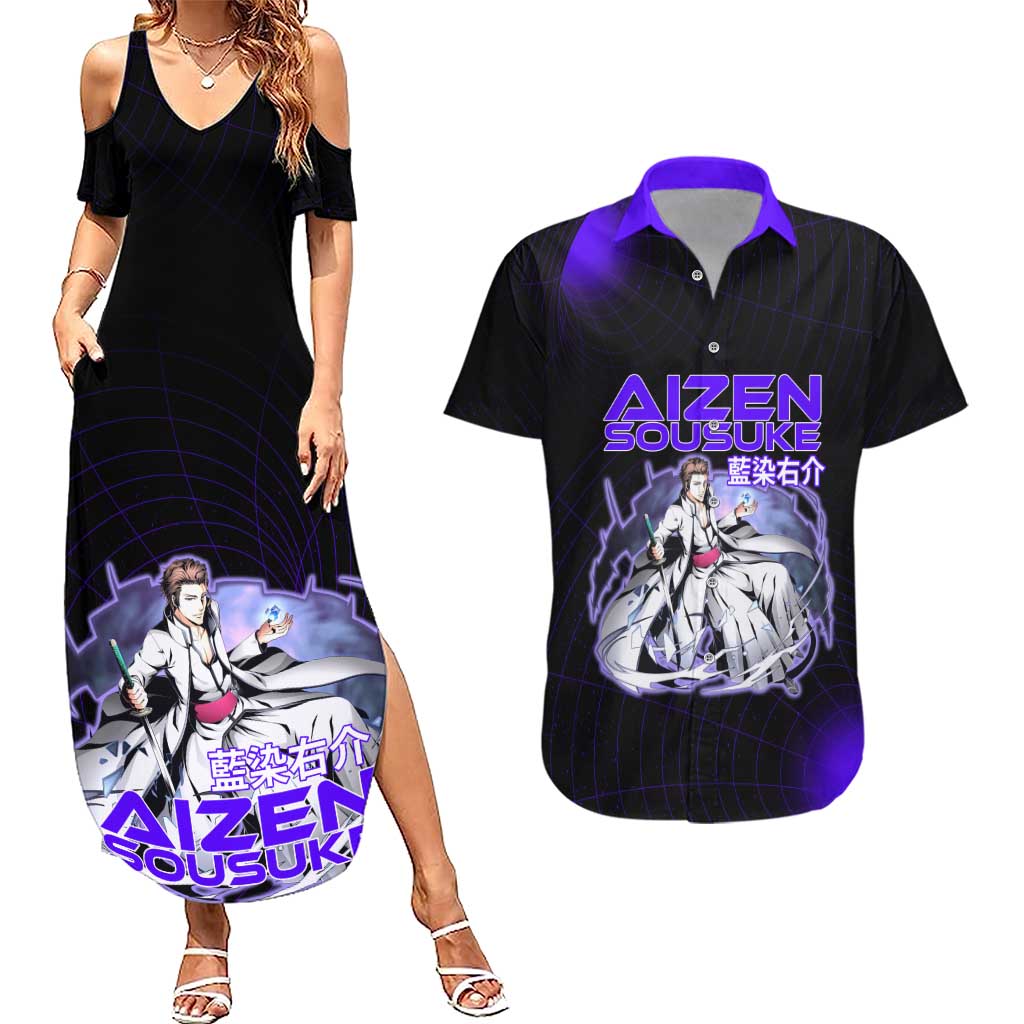 Aizen Sousuke Bleach Couples Matching Summer Maxi Dress and Hawaiian Shirt Cosmic Anime Energy Grid Style