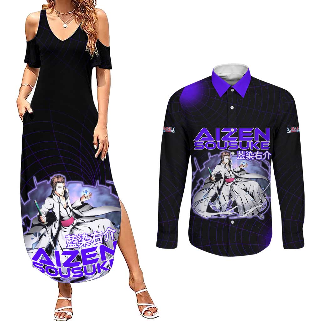 Aizen Sousuke Bleach Couples Matching Summer Maxi Dress and Long Sleeve Button Shirt Cosmic Anime Energy Grid Style