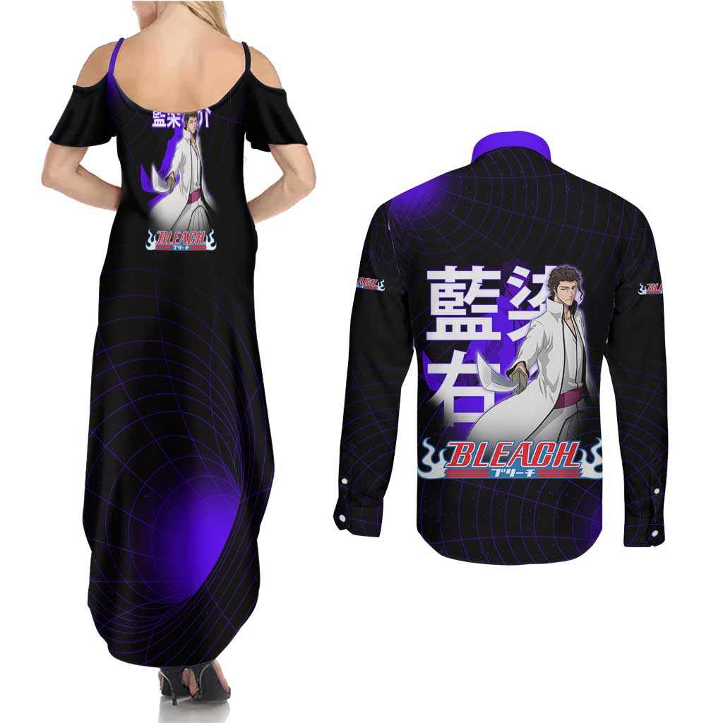 Aizen Sousuke Bleach Couples Matching Summer Maxi Dress and Long Sleeve Button Shirt Cosmic Anime Energy Grid Style