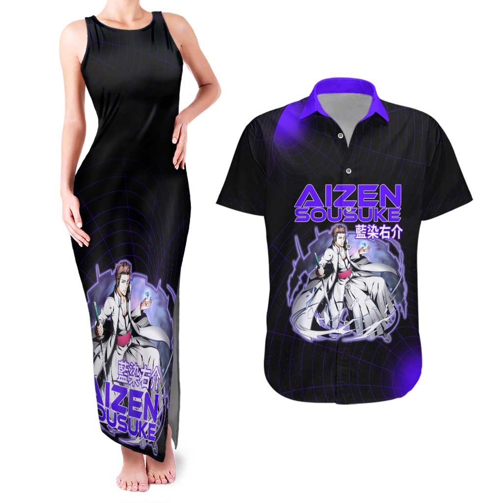 Aizen Sousuke Bleach Couples Matching Tank Maxi Dress and Hawaiian Shirt Cosmic Anime Energy Grid Style