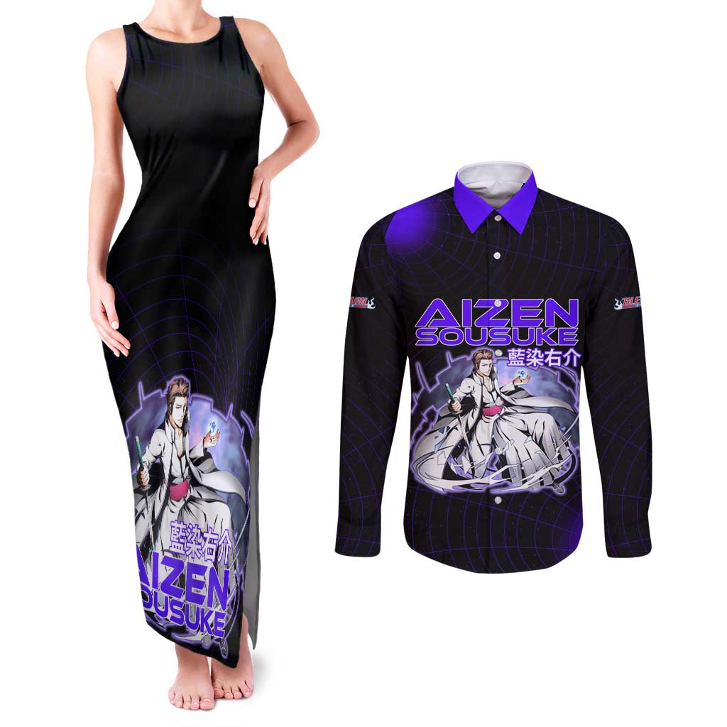 Aizen Sousuke Bleach Couples Matching Tank Maxi Dress and Long Sleeve Button Shirt Cosmic Anime Energy Grid Style