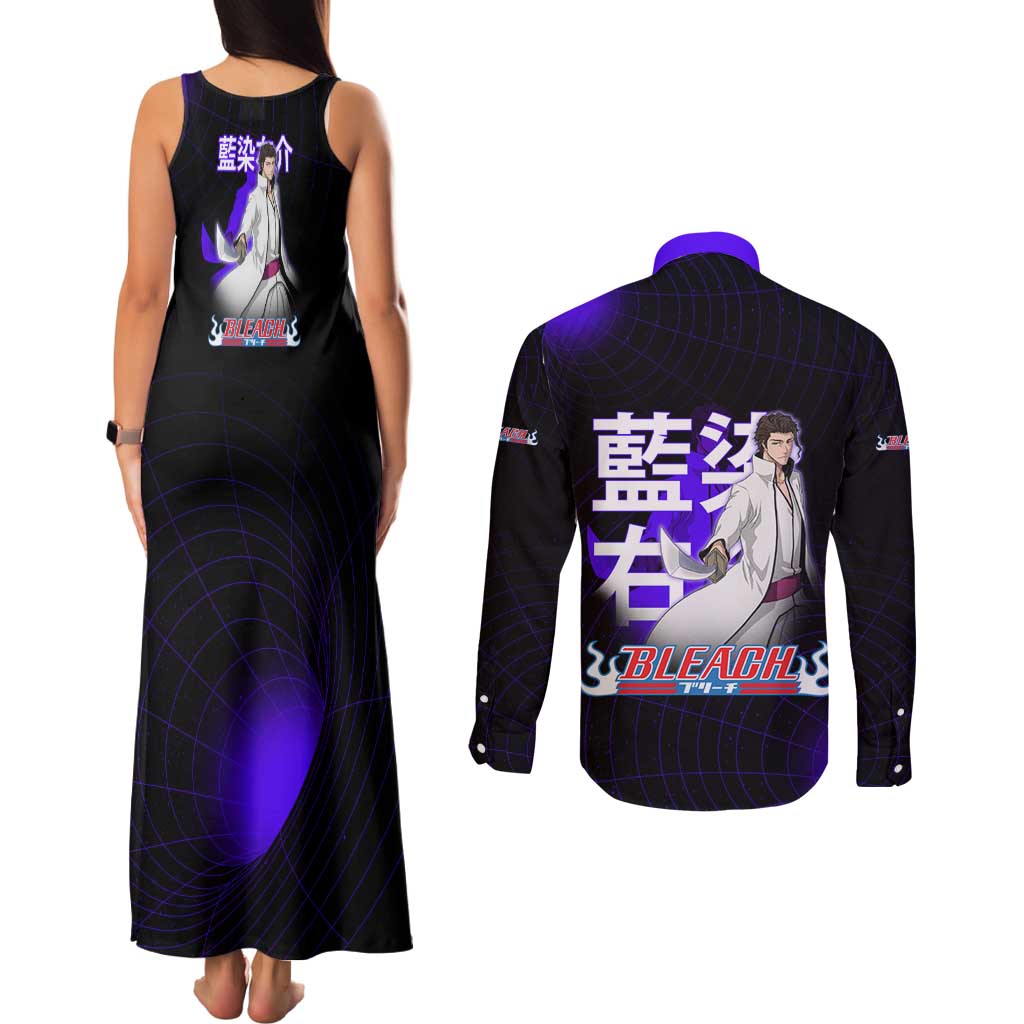 Aizen Sousuke Bleach Couples Matching Tank Maxi Dress and Long Sleeve Button Shirt Cosmic Anime Energy Grid Style