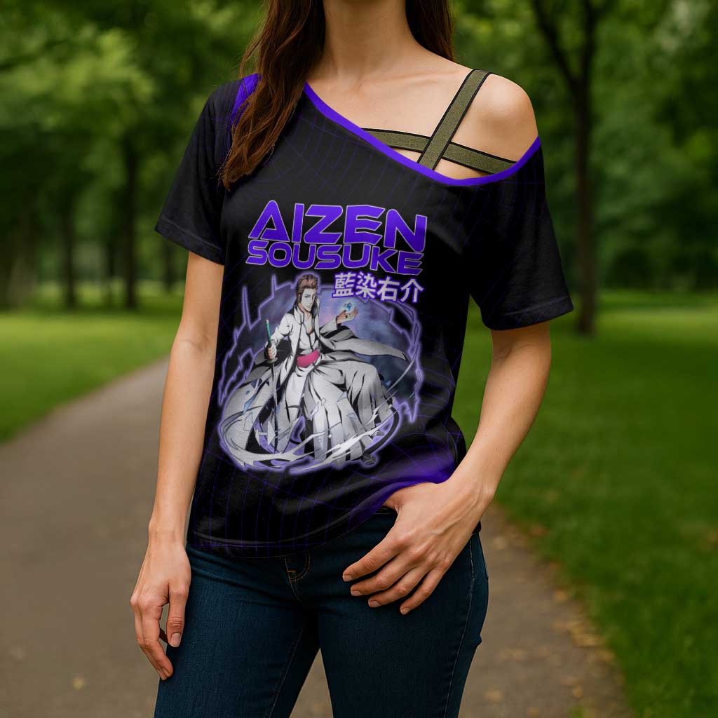 Aizen Sousuke Bleach Cross Shoulder Shirt Cosmic Anime Energy Grid Style