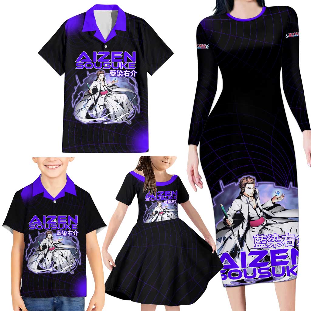 Aizen Sousuke Bleach Family Matching Long Sleeve Bodycon Dress and Hawaiian Shirt Cosmic Anime Energy Grid Style