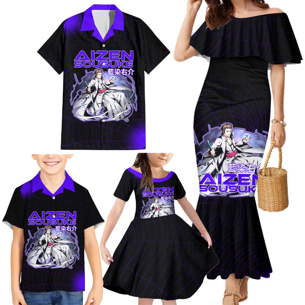 Aizen Sousuke Bleach Family Matching Mermaid Dress and Hawaiian Shirt Cosmic Anime Energy Grid Style