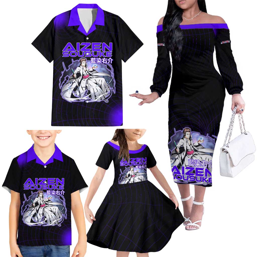 Aizen Sousuke Bleach Family Matching Off The Shoulder Long Sleeve Dress and Hawaiian Shirt Cosmic Anime Energy Grid Style