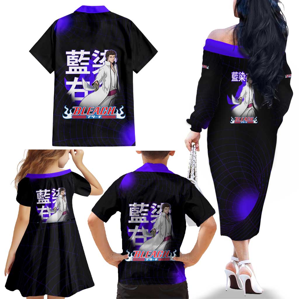 Aizen Sousuke Bleach Family Matching Off The Shoulder Long Sleeve Dress and Hawaiian Shirt Cosmic Anime Energy Grid Style