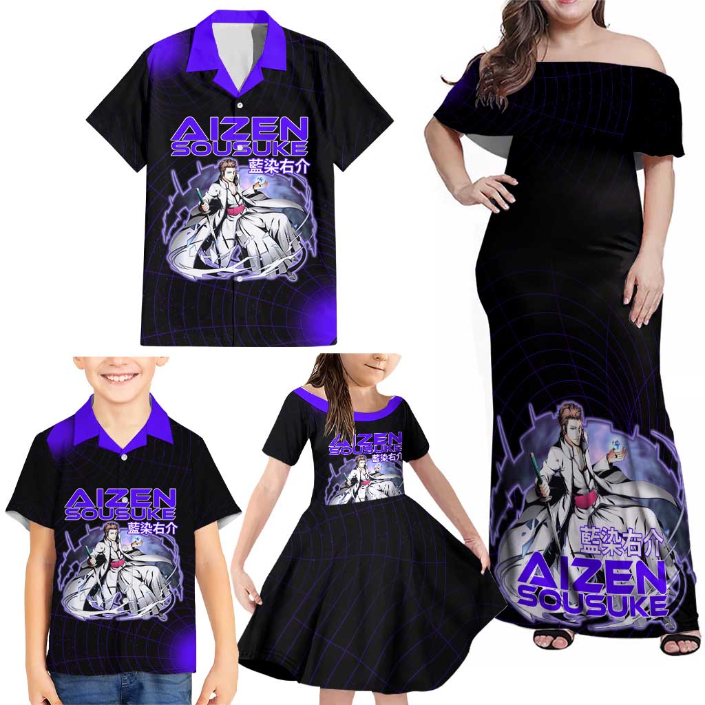 Aizen Sousuke Bleach Family Matching Off Shoulder Maxi Dress and Hawaiian Shirt Cosmic Anime Energy Grid Style