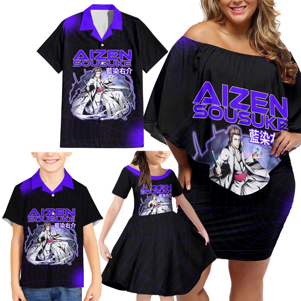 Aizen Sousuke Bleach Family Matching Off Shoulder Short Dress and Hawaiian Shirt Cosmic Anime Energy Grid Style