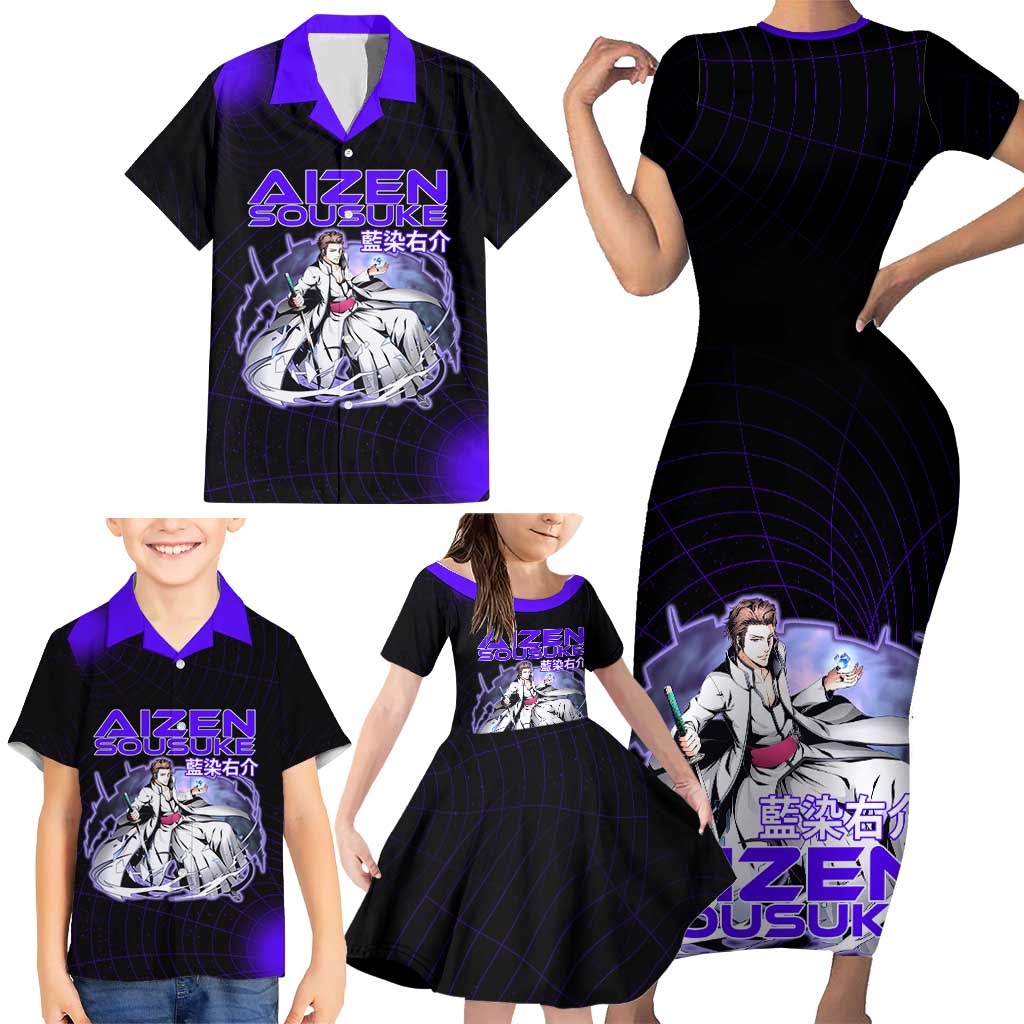 Aizen Sousuke Bleach Family Matching Short Sleeve Bodycon Dress and Hawaiian Shirt Cosmic Anime Energy Grid Style