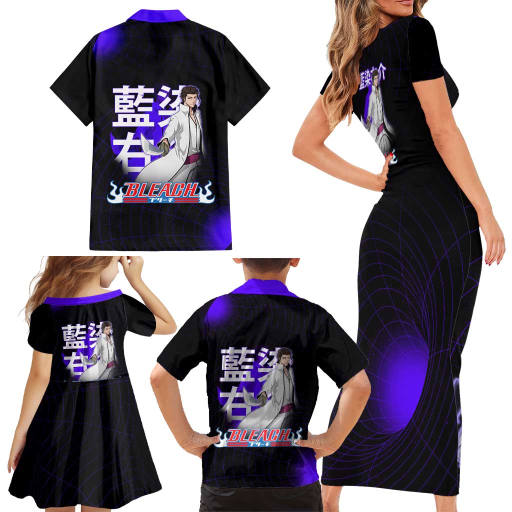 Aizen Sousuke Bleach Family Matching Short Sleeve Bodycon Dress and Hawaiian Shirt Cosmic Anime Energy Grid Style