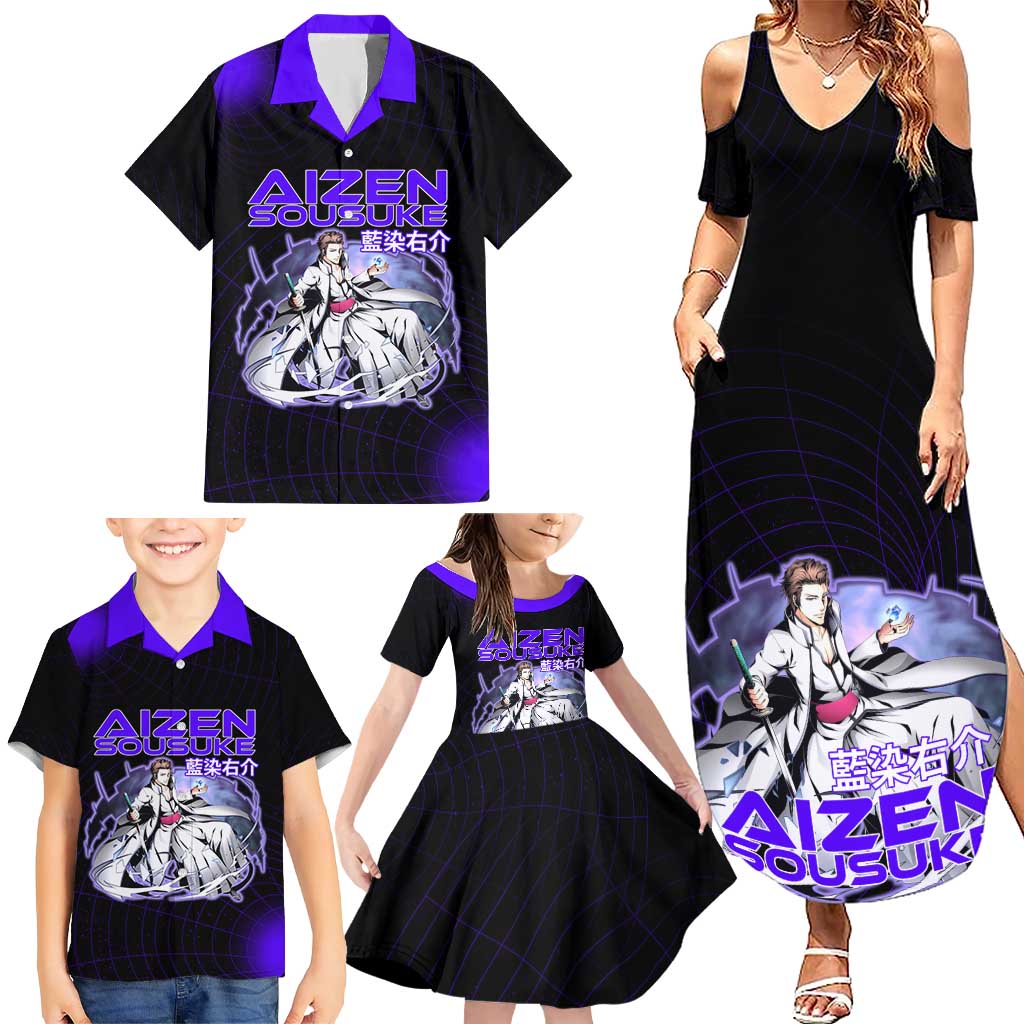 Aizen Sousuke Bleach Family Matching Summer Maxi Dress and Hawaiian Shirt Cosmic Anime Energy Grid Style