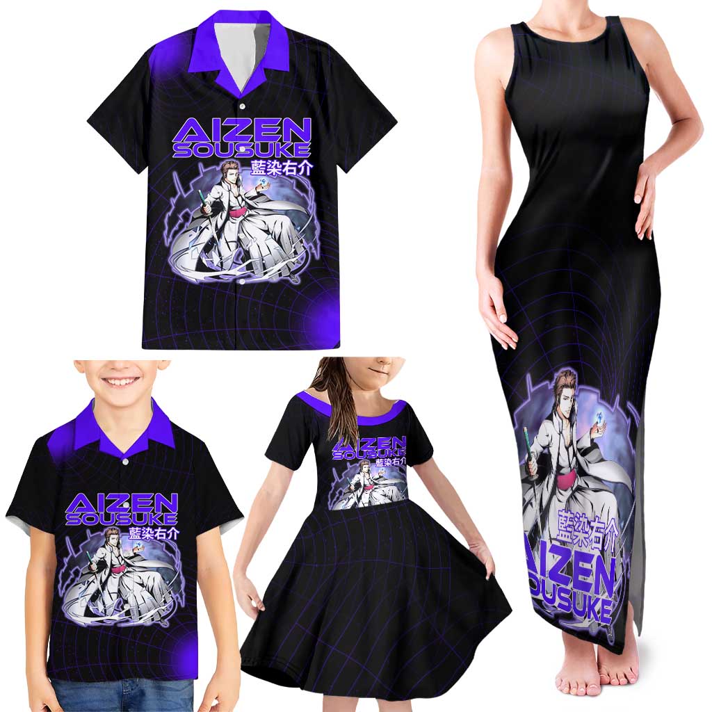 Aizen Sousuke Bleach Family Matching Tank Maxi Dress and Hawaiian Shirt Cosmic Anime Energy Grid Style